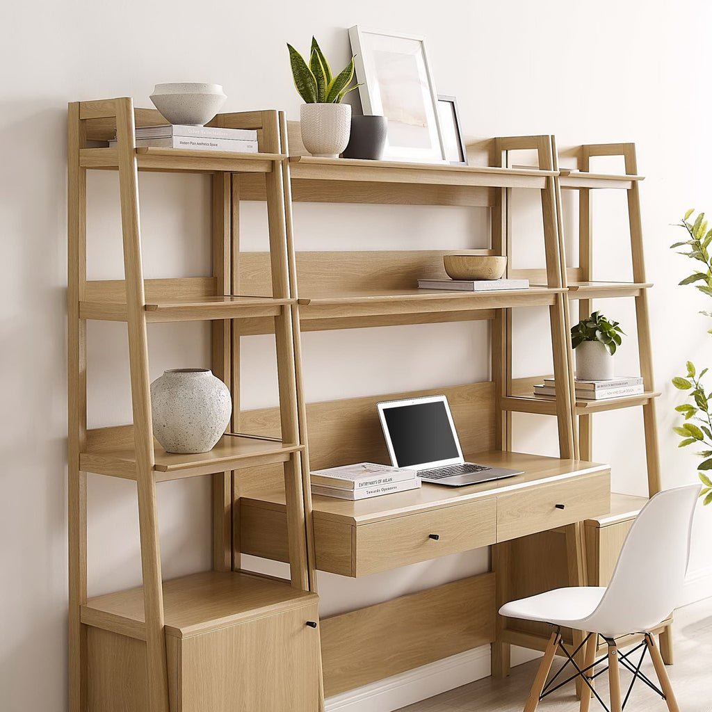Bixby 3-Piece Wood Office Desk and Bookshelf - Oak (Bookshelf, 2 Desks)