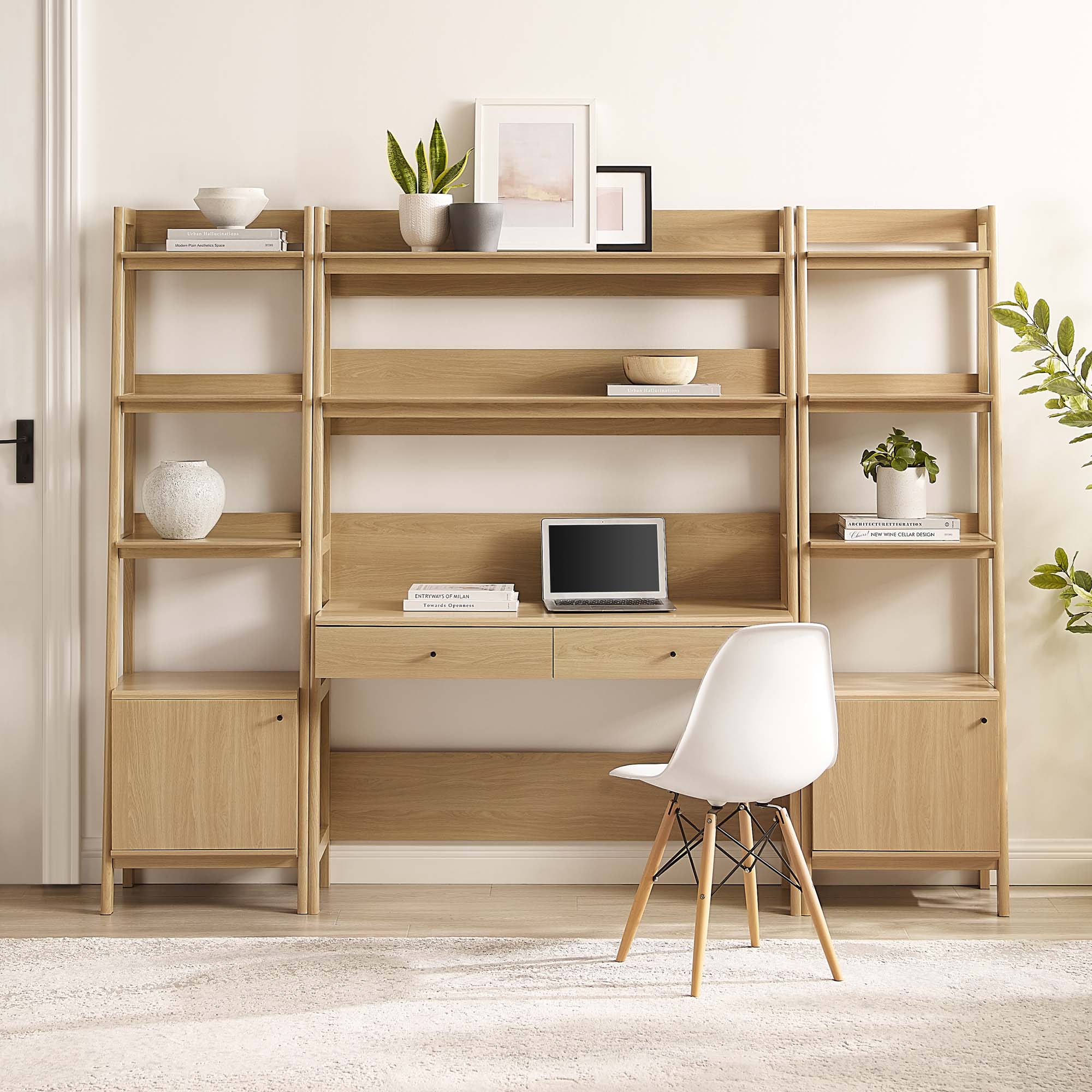 Bixby 3-Piece Wood Office Desk and Bookshelf - Oak (Bookshelf, 2 Desks)