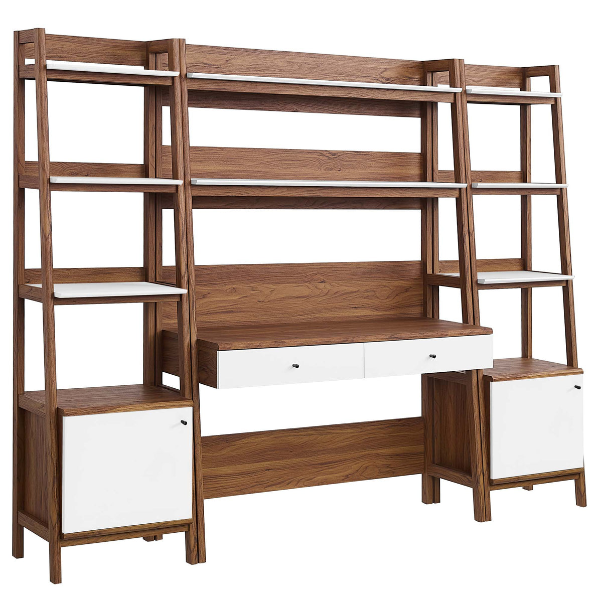 Bixby 3-Piece Wood Office Desk and Bookshelf - Walnut White (Bookshelf, 2 Desks)