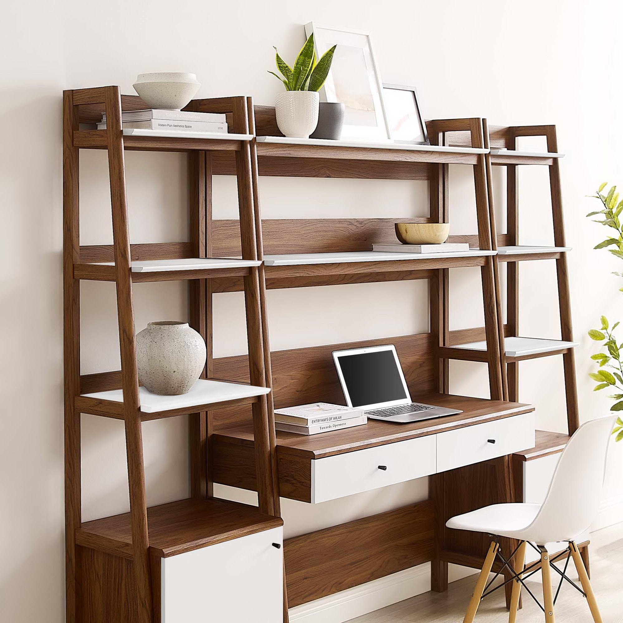 Bixby 3-Piece Wood Office Desk and Bookshelf - Walnut White (Bookshelf, 2 Desks)
