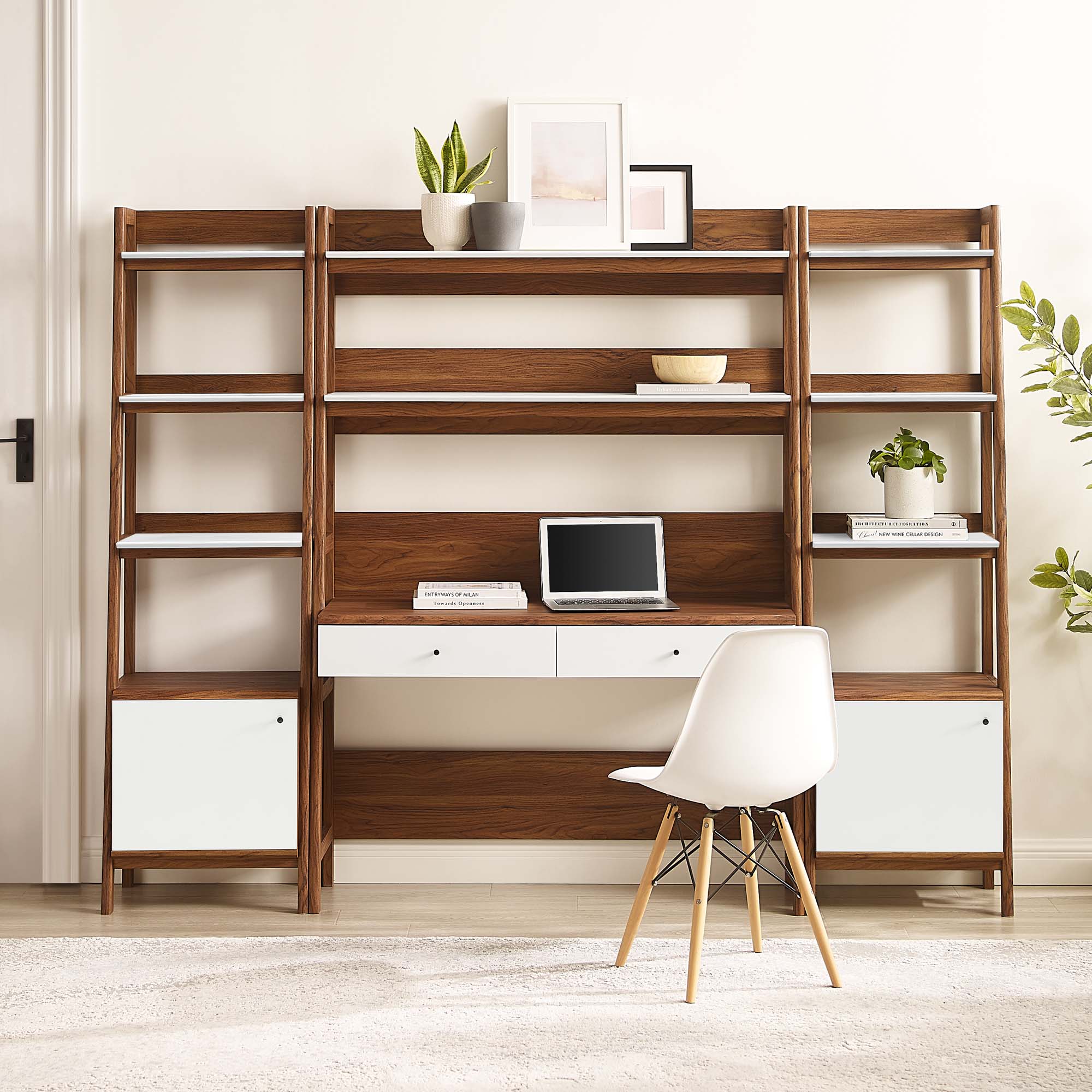 Bixby 3-Piece Wood Office Desk and Bookshelf - Walnut White (Bookshelf, 2 Desks)