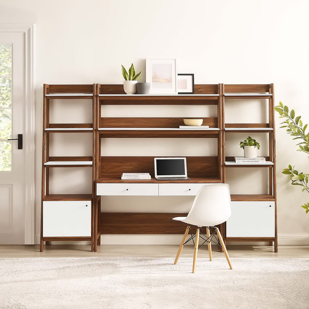 Bixby 3-Piece Wood Office Desk and Bookshelf - Walnut White (Bookshelf, 2 Desks)