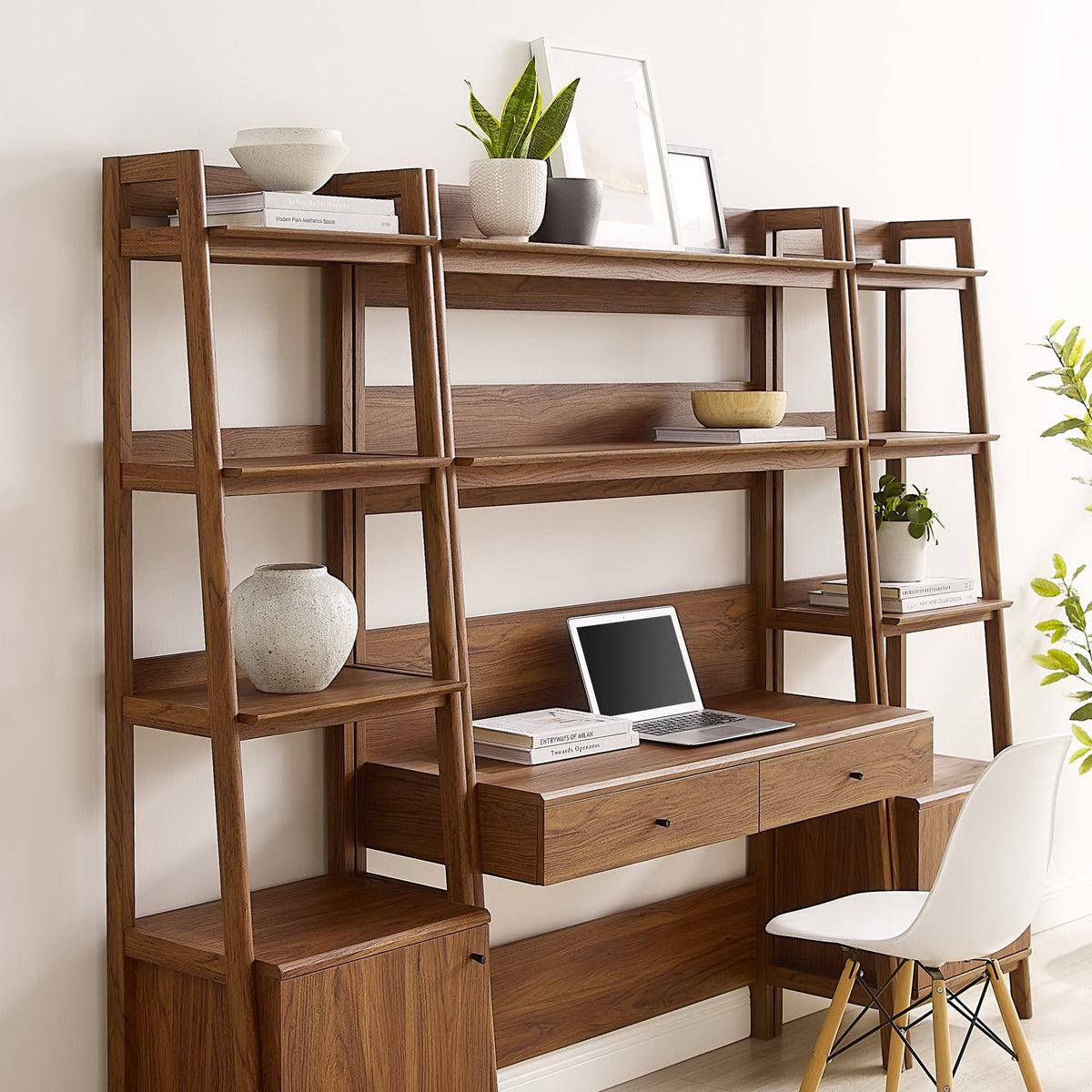 Bixby 3-Piece Wood Office Desk and Bookshelf - Walnut (Bookshelf, 2 Desks)