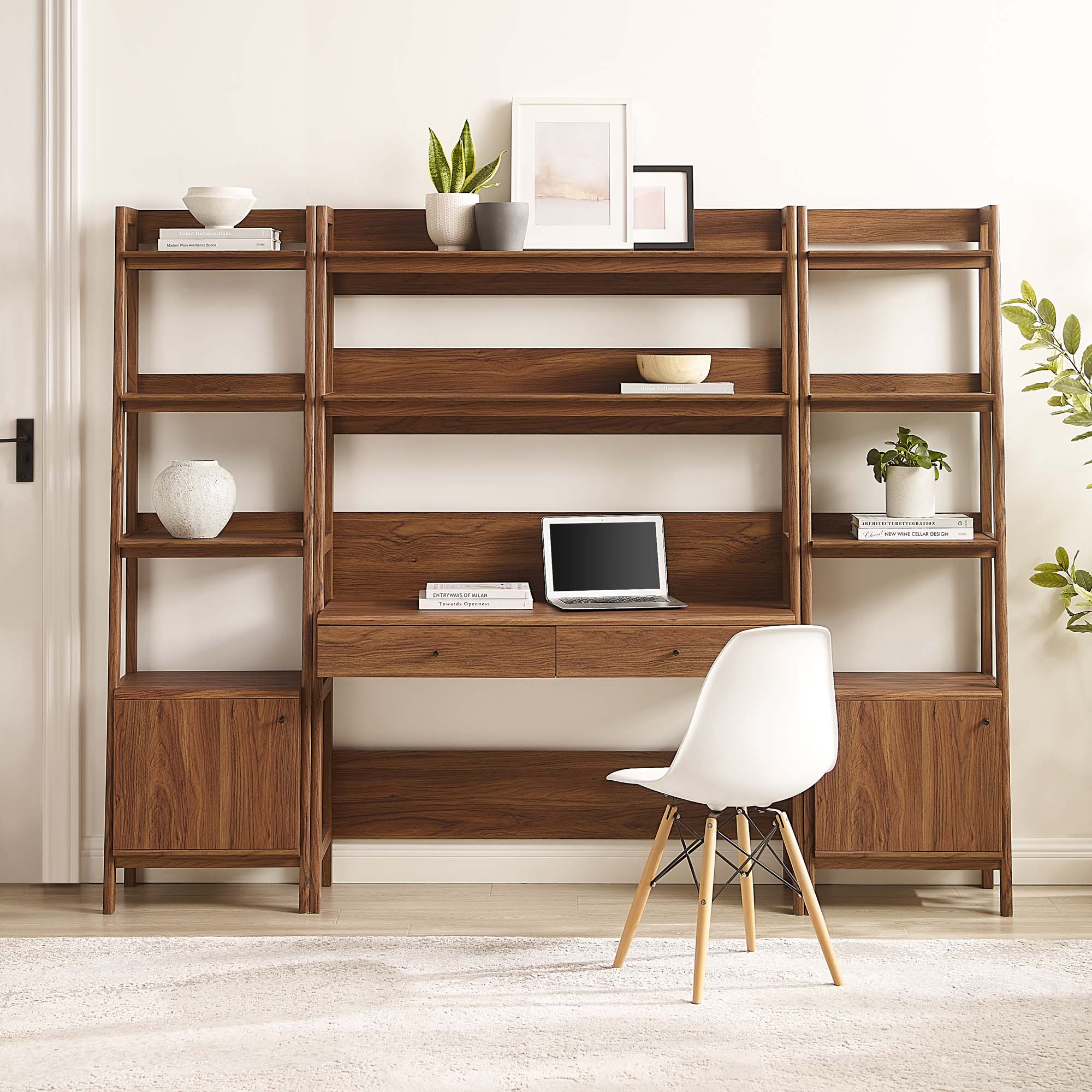 Bixby 3-Piece Wood Office Desk and Bookshelf - Walnut (Bookshelf, 2 Desks)