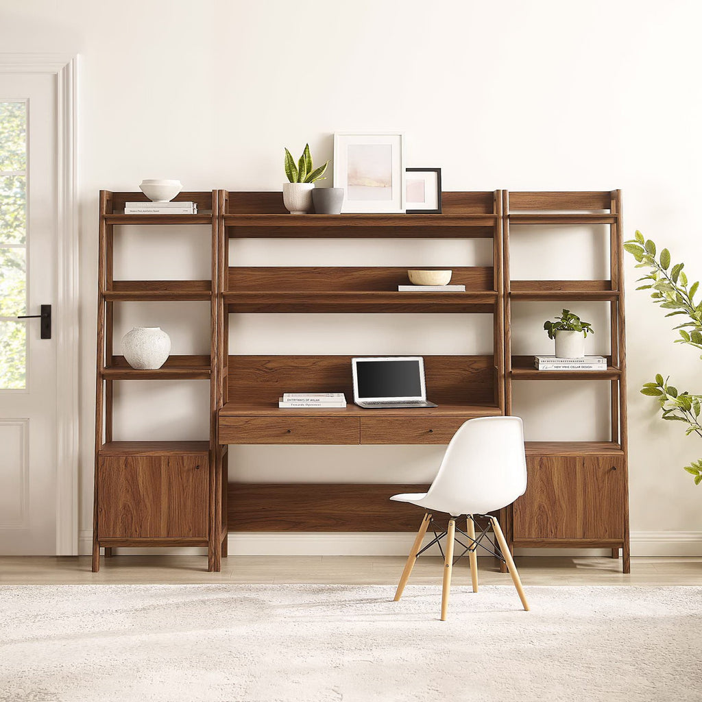 Bixby 3-Piece Wood Office Desk and Bookshelf - Walnut (Bookshelf, 2 Desks)