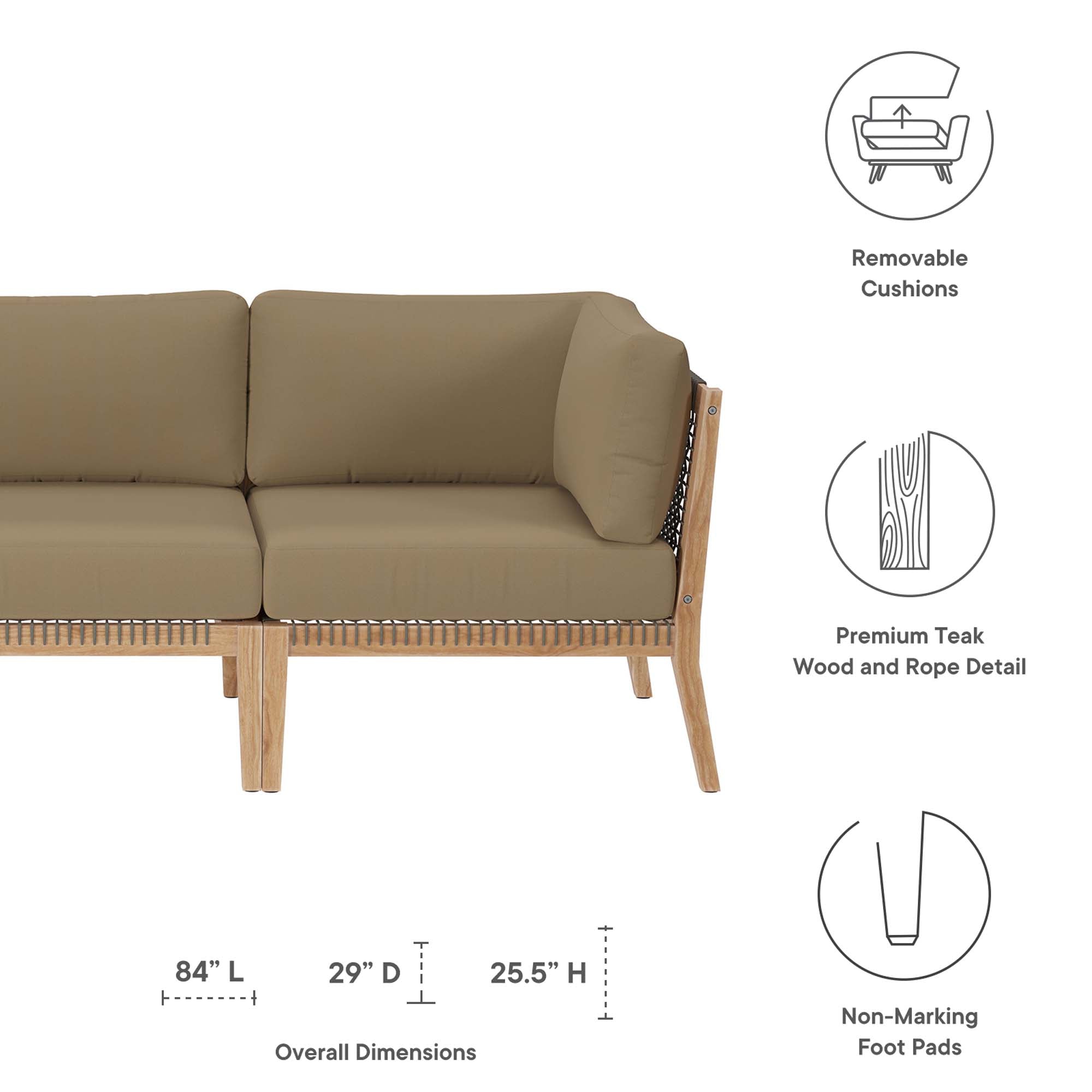 Clearwater Outdoor Patio Teak Wood Sofa - Gray Light Brown