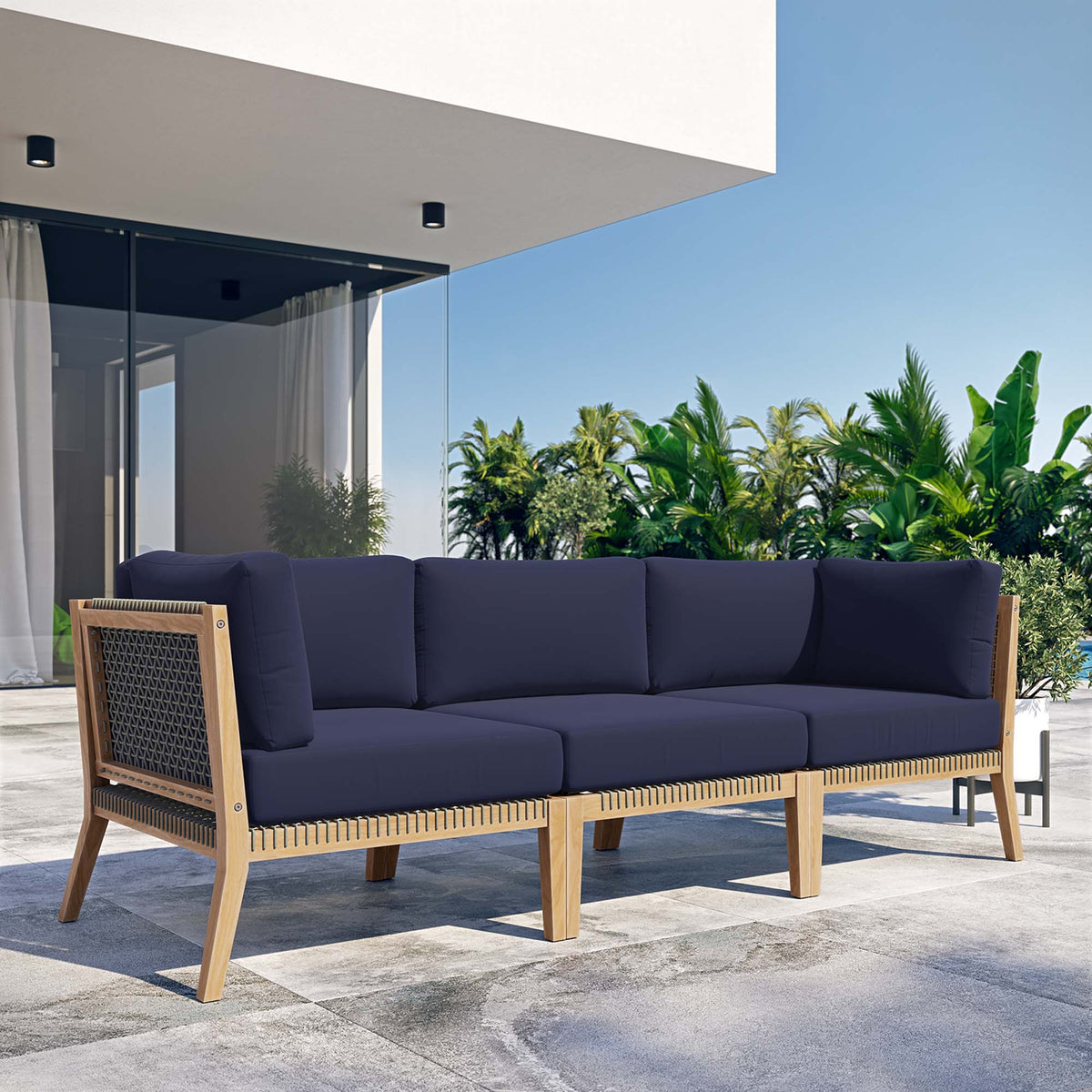 Clearwater Outdoor Patio Teak Wood Sofa - Gray Navy