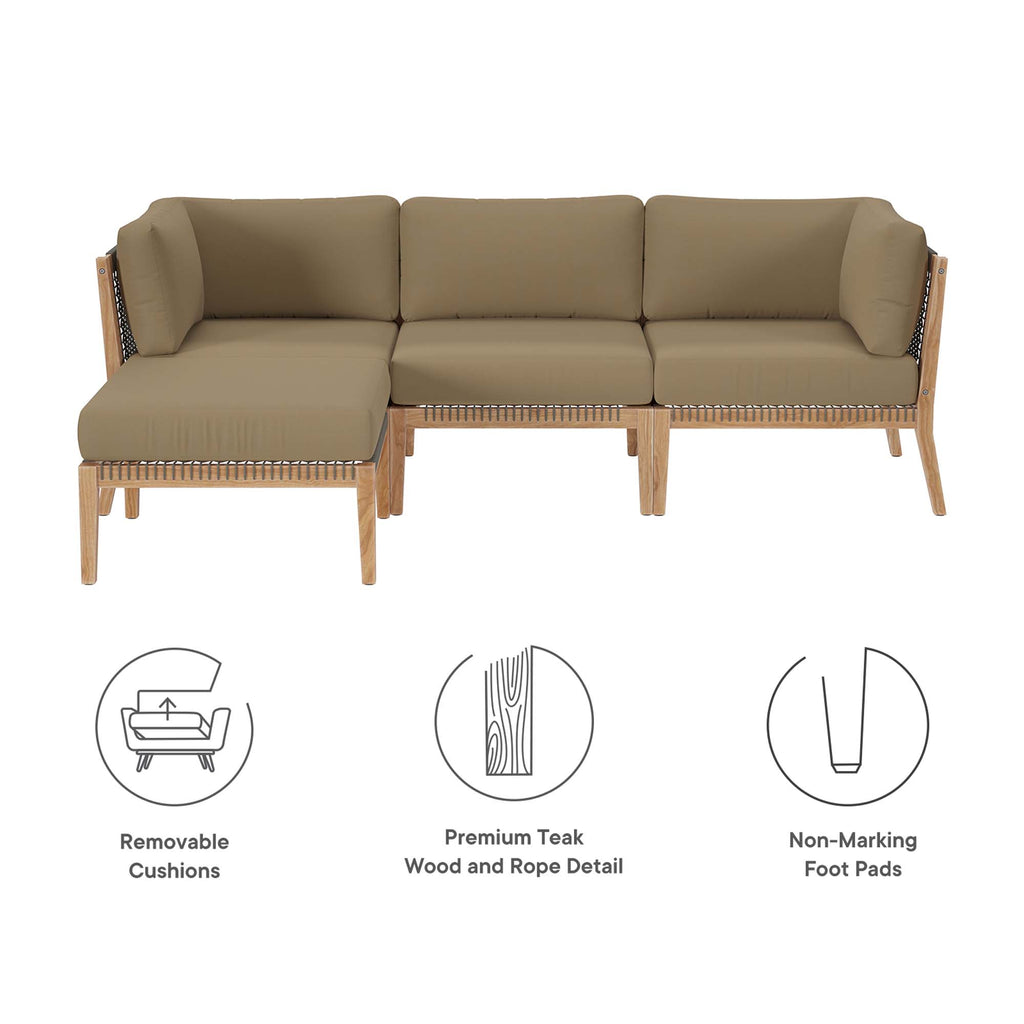 Clearwater 4-Piece Outdoor Patio Teak Wood Sectional Sofa - Gray Light Brown