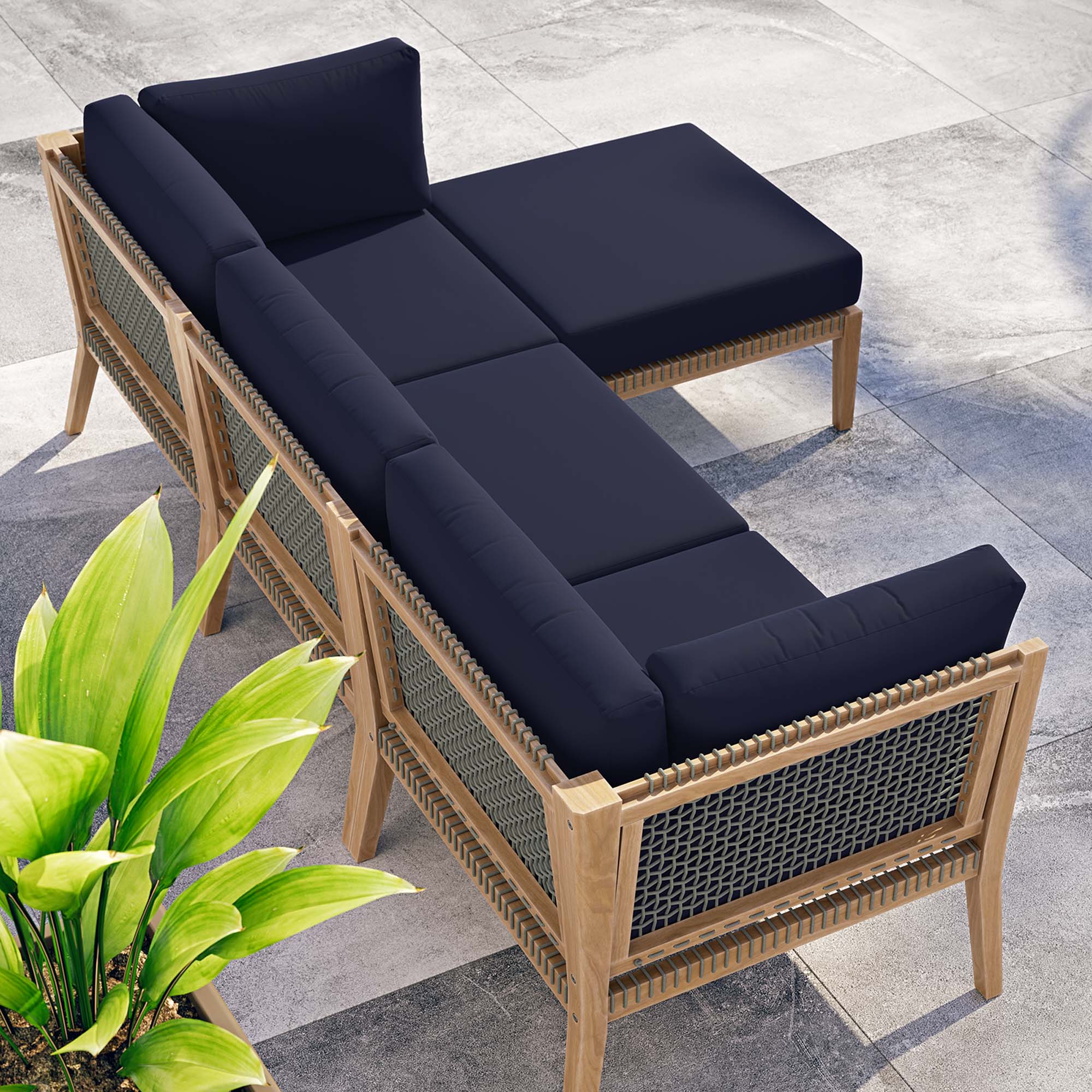 Clearwater 4-Piece Outdoor Patio Teak Wood Sectional Sofa - Gray Navy