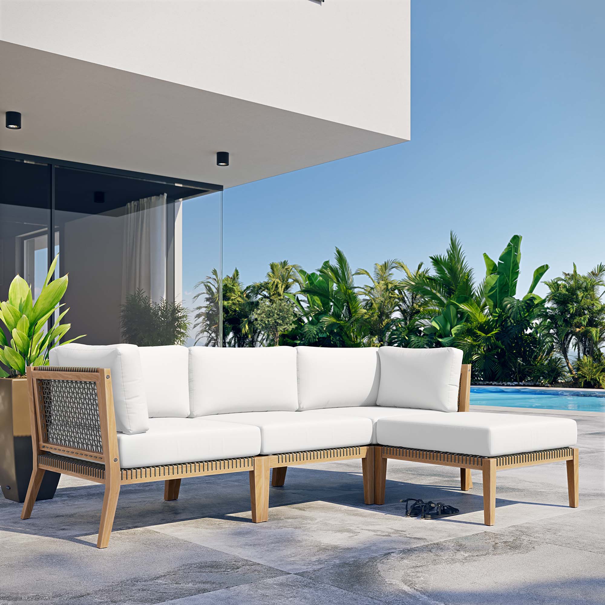 Clearwater 4-Piece Outdoor Patio Teak Wood Sectional Sofa - Gray White
