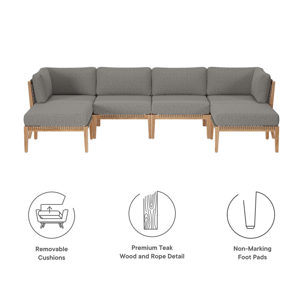 Clearwater 6-Piece Outdoor Patio Teak Wood Sectional Sofa - Gray Graphite (2 Armless Chairs, 2 Corner Chairs, 2 Ottomans)