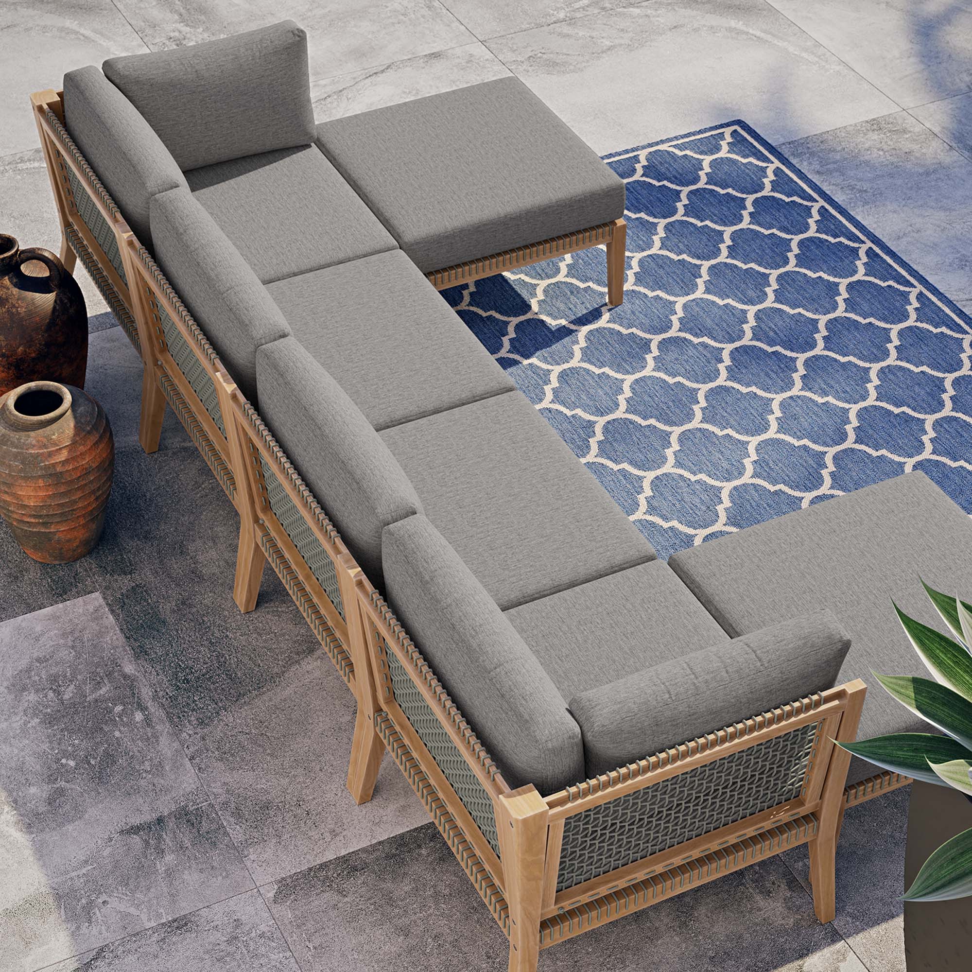 Clearwater 6-Piece Outdoor Patio Teak Wood Sectional Sofa - Gray Graphite (2 Armless Chairs, 2 Corner Chairs, 2 Ottomans)