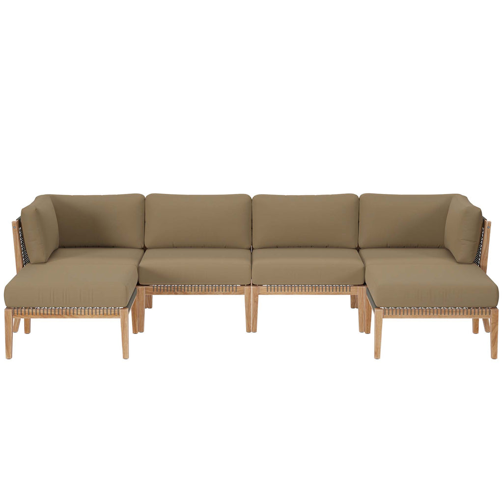 Clearwater 6-Piece Outdoor Patio Teak Wood Sectional Sofa - Gray Light Brown (2 Armless Chairs, 2 Corner Chairs, 2 Ottomans)