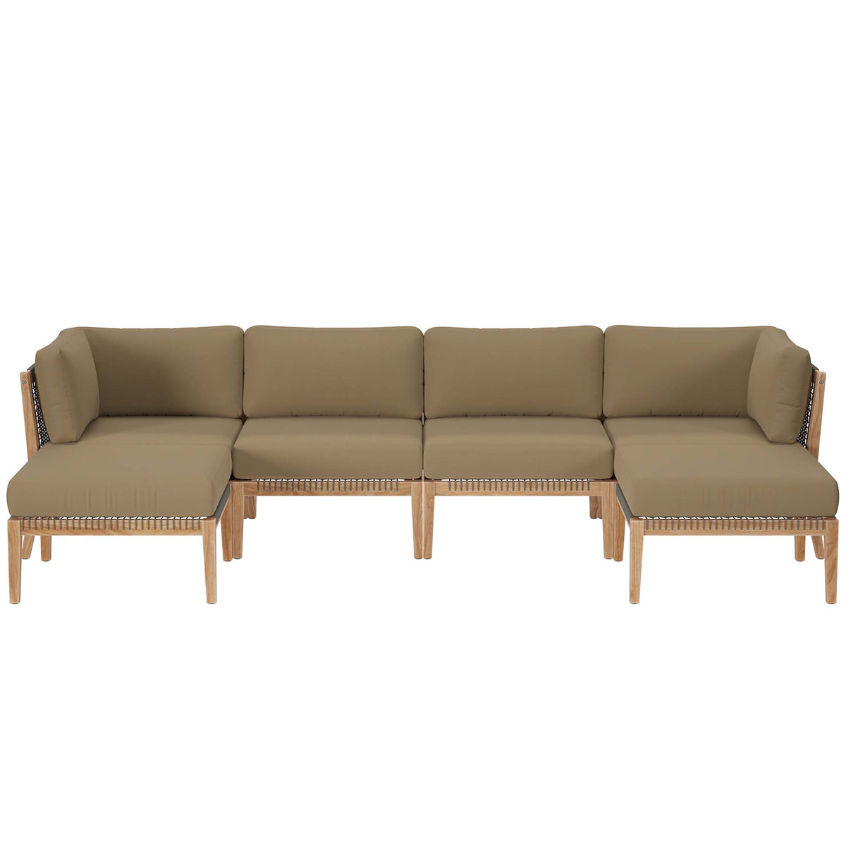 Clearwater 6-Piece Outdoor Patio Teak Wood Sectional Sofa - Gray Light Brown (2 Armless Chairs, 2 Corner Chairs, 2 Ottomans)