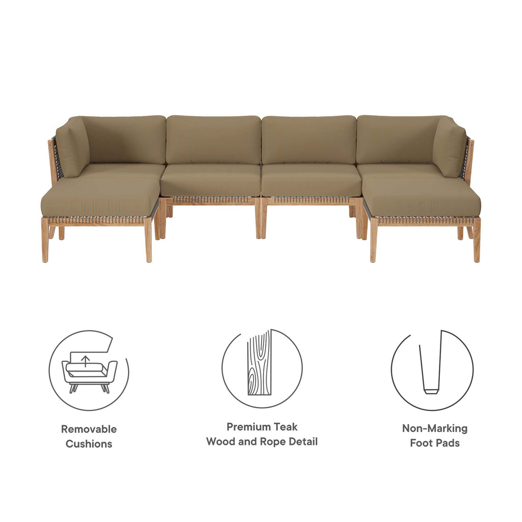 Clearwater 6-Piece Outdoor Patio Teak Wood Sectional Sofa - Gray Light Brown (2 Armless Chairs, 2 Corner Chairs, 2 Ottomans)