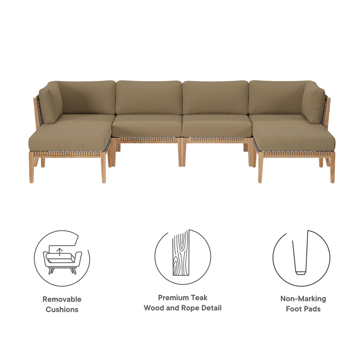 Clearwater 6-Piece Outdoor Patio Teak Wood Sectional Sofa - Gray Light Brown (2 Armless Chairs, 2 Corner Chairs, 2 Ottomans)