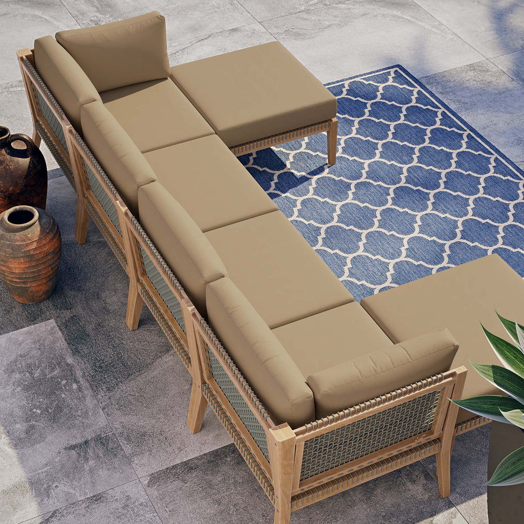 Clearwater 6-Piece Outdoor Patio Teak Wood Sectional Sofa - Gray Light Brown (2 Armless Chairs, 2 Corner Chairs, 2 Ottomans)