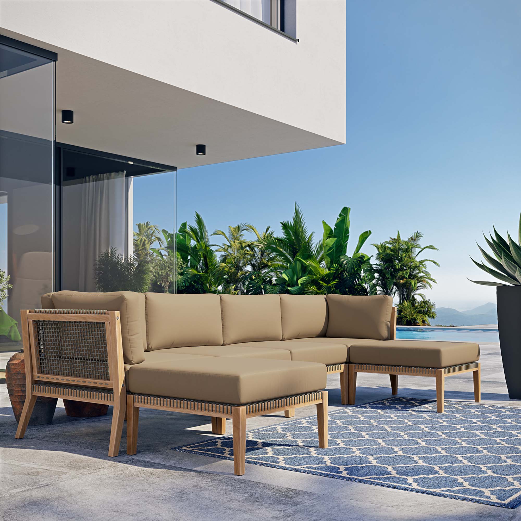 Clearwater 6-Piece Outdoor Patio Teak Wood Sectional Sofa - Gray Light Brown (2 Armless Chairs, 2 Corner Chairs, 2 Ottomans)