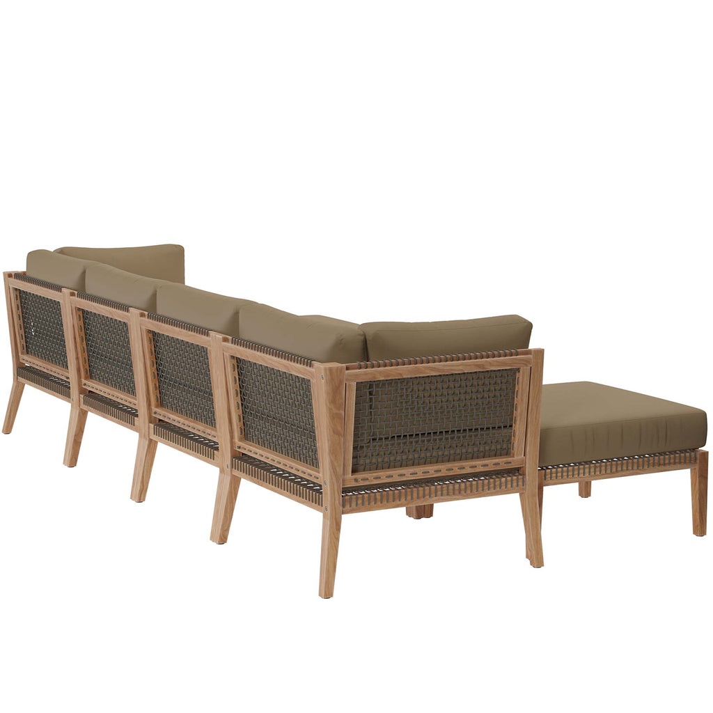 Clearwater 6-Piece Outdoor Patio Teak Wood Sectional Sofa - Gray Light Brown (2 Armless Chairs, 2 Corner Chairs, 2 Ottomans)