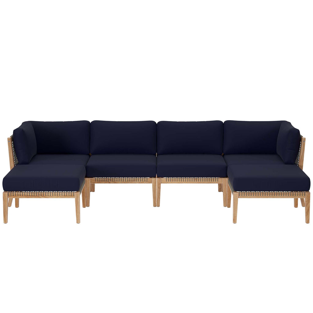 Clearwater 6-Piece Outdoor Patio Teak Wood Sectional Sofa - Gray Navy (2 Armless Chairs, 2 Corner Chairs, 2 Ottomans)