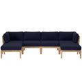 Clearwater 6-Piece Outdoor Patio Teak Wood Sectional Sofa - Gray Navy (2 Armless Chairs, 2 Corner Chairs, 2 Ottomans)