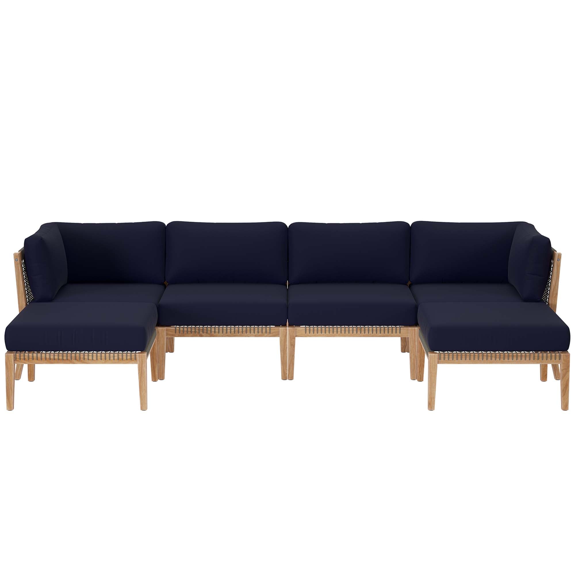 Clearwater 6-Piece Outdoor Patio Teak Wood Sectional Sofa - Gray Navy (2 Armless Chairs, 2 Corner Chairs, 2 Ottomans)