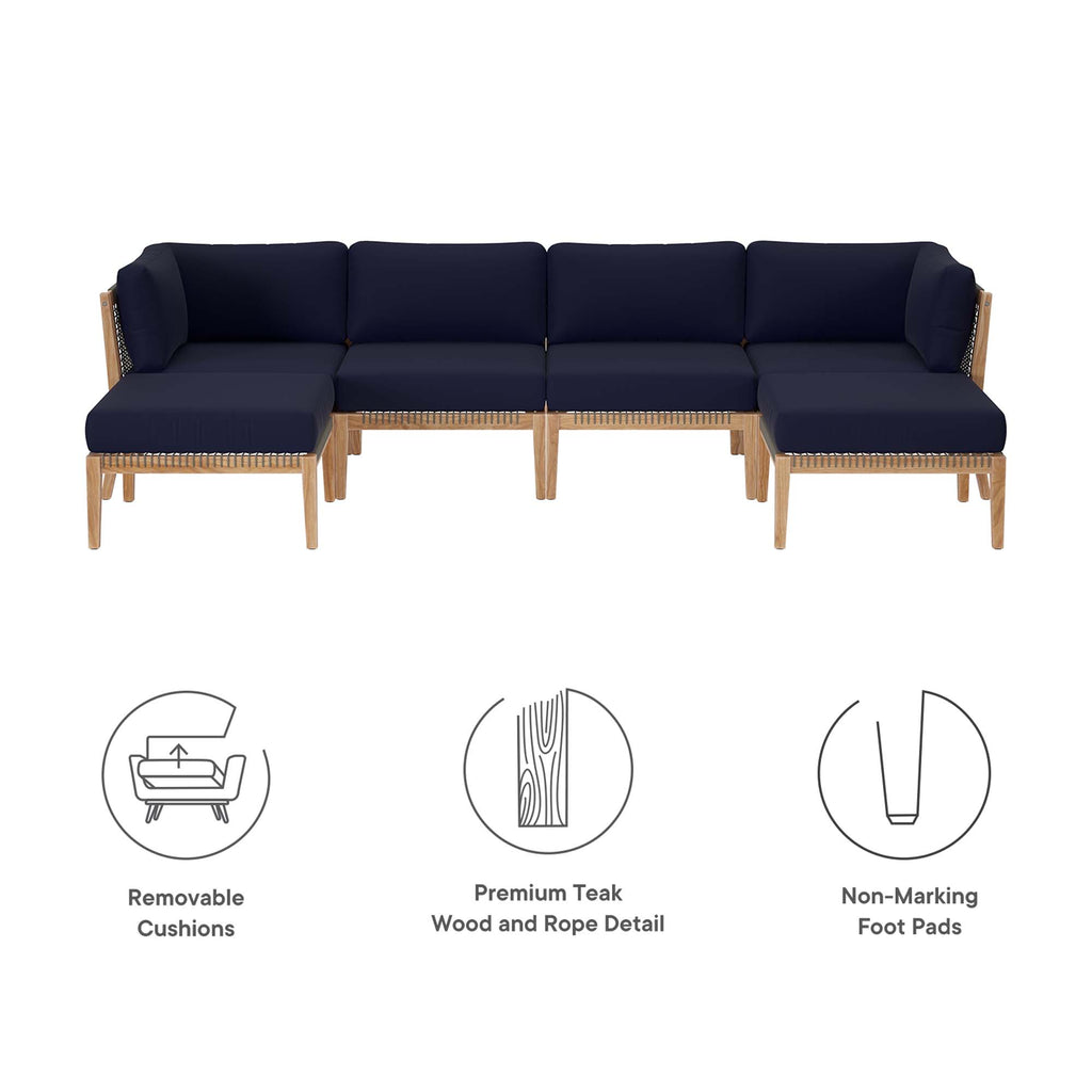 Clearwater 6-Piece Outdoor Patio Teak Wood Sectional Sofa - Gray Navy (2 Armless Chairs, 2 Corner Chairs, 2 Ottomans)