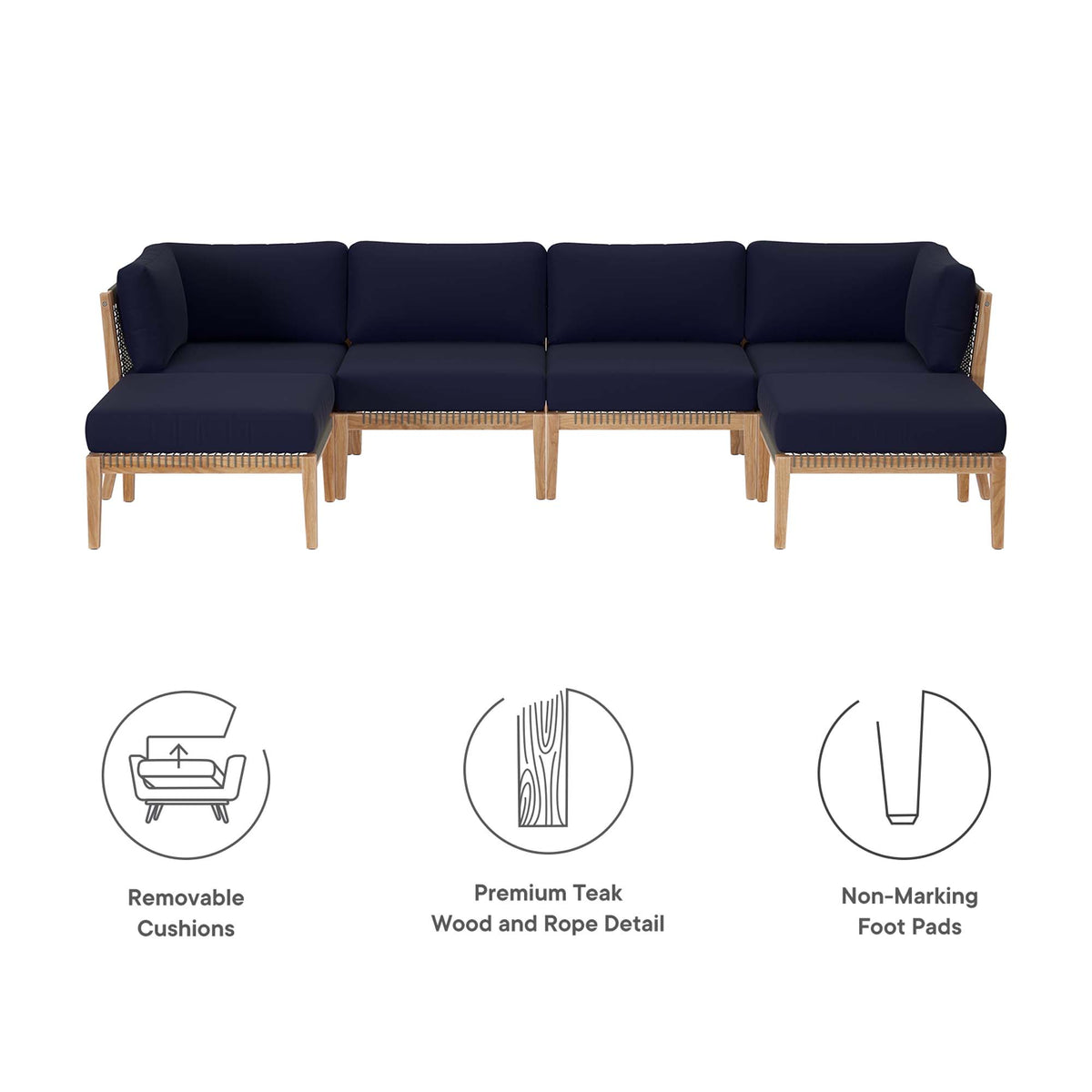 Clearwater 6-Piece Outdoor Patio Teak Wood Sectional Sofa - Gray Navy (2 Armless Chairs, 2 Corner Chairs, 2 Ottomans)