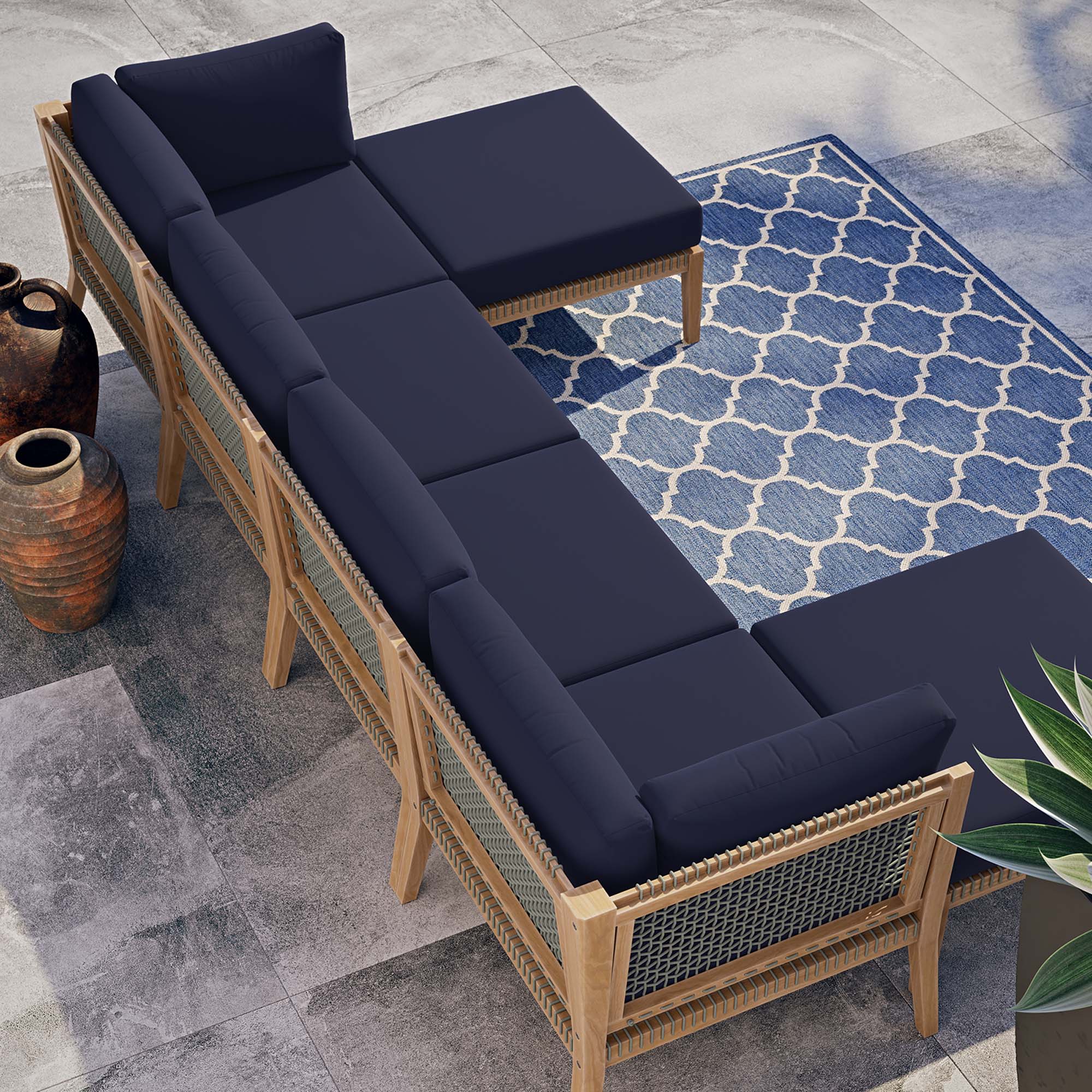 Clearwater 6-Piece Outdoor Patio Teak Wood Sectional Sofa - Gray Navy (2 Armless Chairs, 2 Corner Chairs, 2 Ottomans)