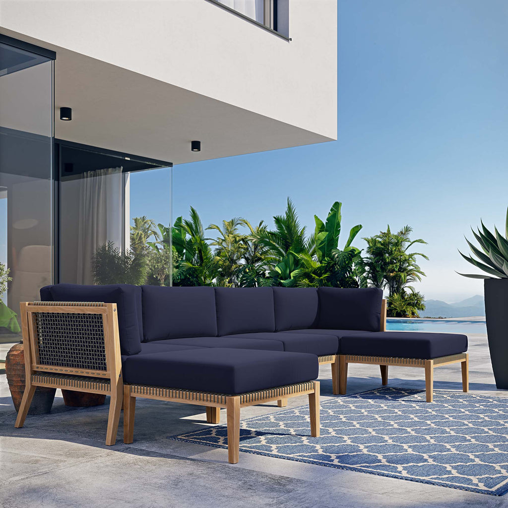 Clearwater 6-Piece Outdoor Patio Teak Wood Sectional Sofa - Gray Navy (2 Armless Chairs, 2 Corner Chairs, 2 Ottomans)