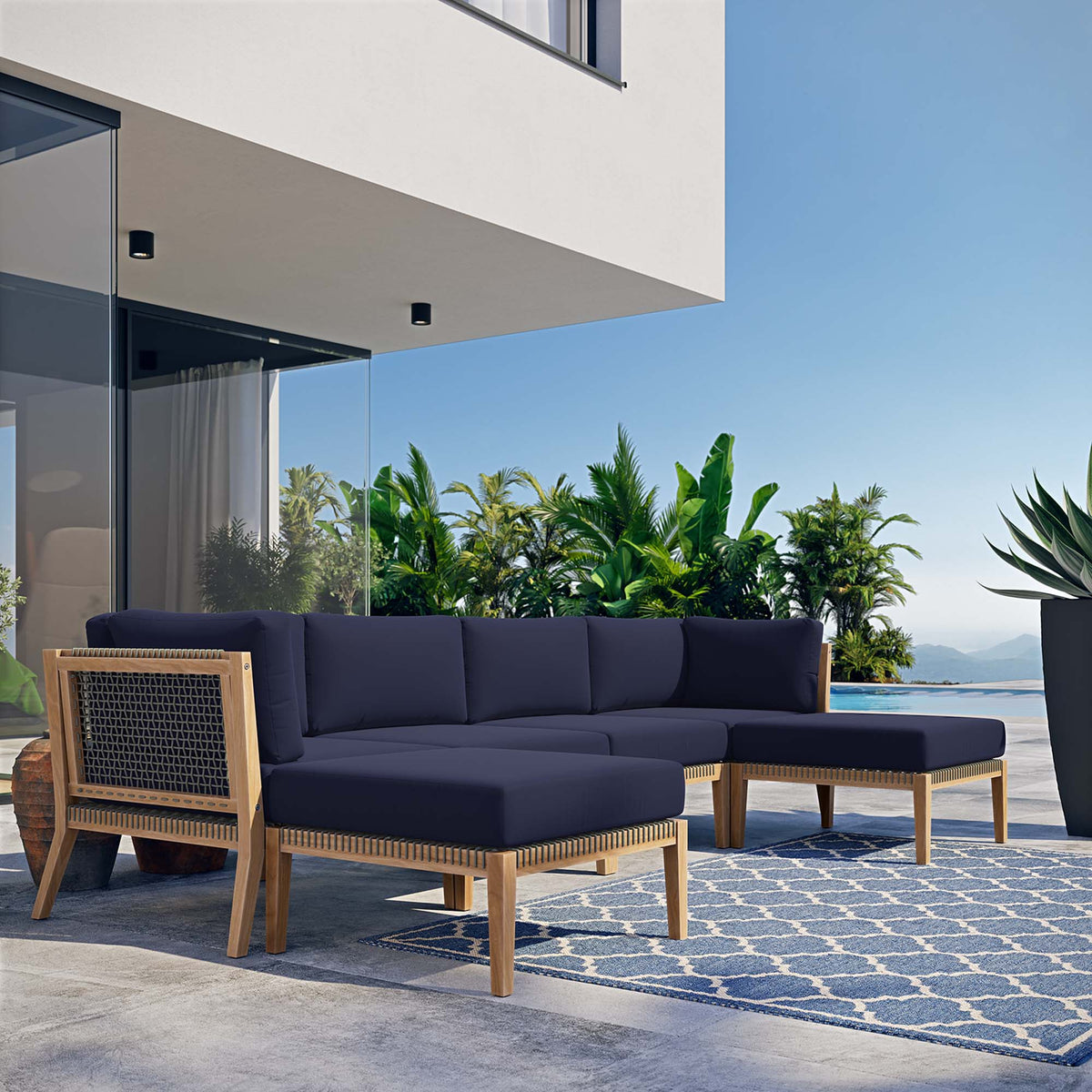 Clearwater 6-Piece Outdoor Patio Teak Wood Sectional Sofa - Gray Navy (2 Armless Chairs, 2 Corner Chairs, 2 Ottomans)