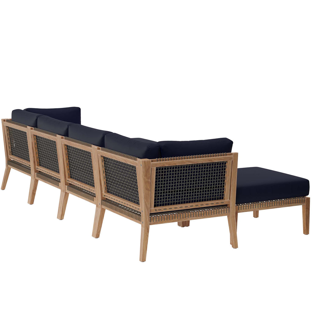 Clearwater 6-Piece Outdoor Patio Teak Wood Sectional Sofa - Gray Navy (2 Armless Chairs, 2 Corner Chairs, 2 Ottomans)