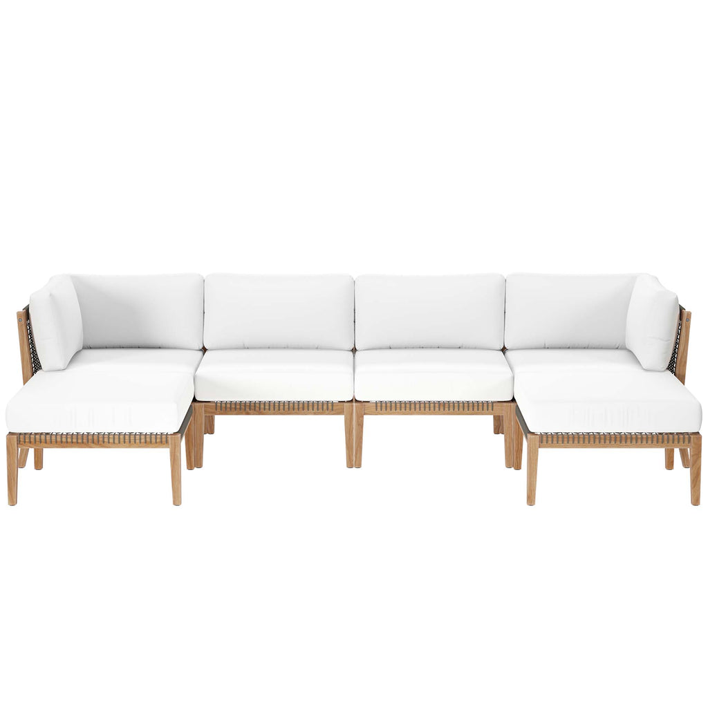 Clearwater 6-Piece Outdoor Patio Teak Wood Sectional Sofa - Gray White (2 Armless Chairs, 2 Corner Chairs, 2 Ottomans)