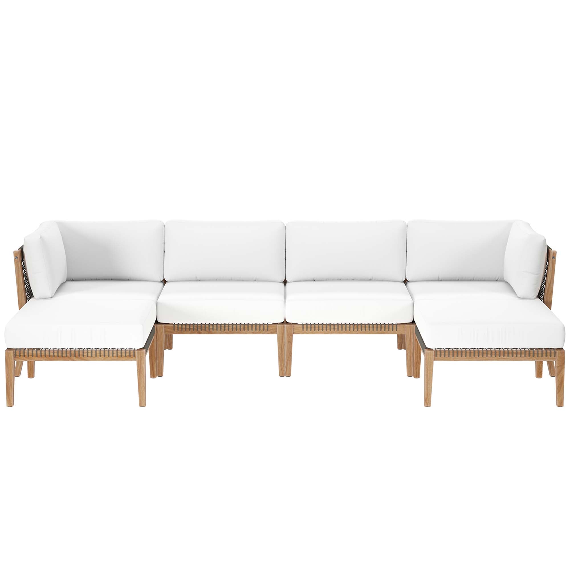 Clearwater 6-Piece Outdoor Patio Teak Wood Sectional Sofa - Gray White (2 Armless Chairs, 2 Corner Chairs, 2 Ottomans)