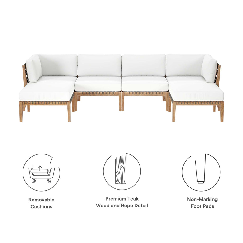 Clearwater 6-Piece Outdoor Patio Teak Wood Sectional Sofa - Gray White (2 Armless Chairs, 2 Corner Chairs, 2 Ottomans)