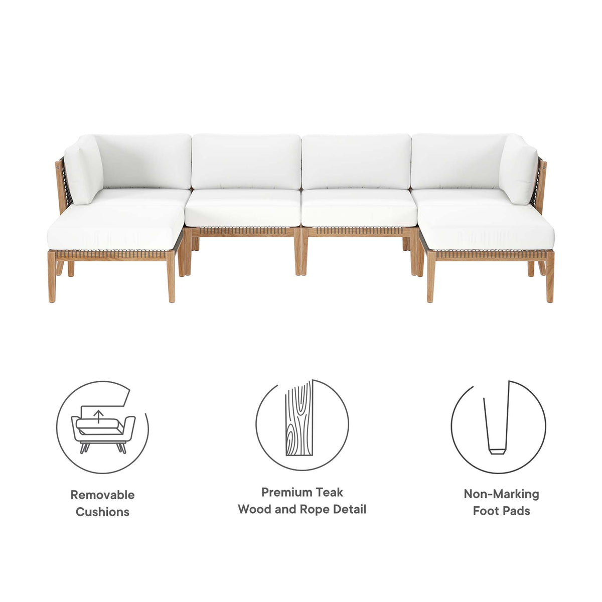 Clearwater 6-Piece Outdoor Patio Teak Wood Sectional Sofa - Gray White (2 Armless Chairs, 2 Corner Chairs, 2 Ottomans)