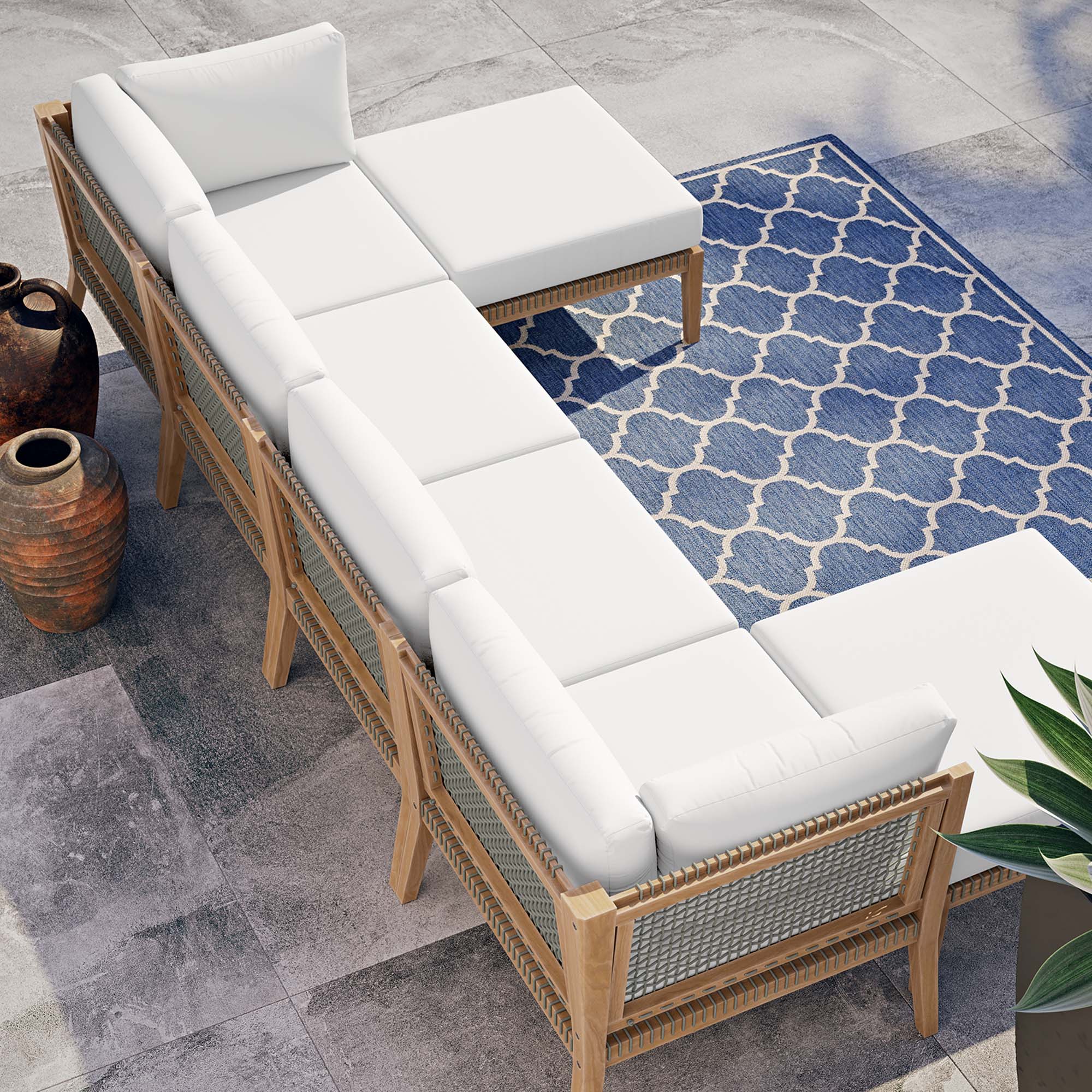 Clearwater 6-Piece Outdoor Patio Teak Wood Sectional Sofa - Gray White (2 Armless Chairs, 2 Corner Chairs, 2 Ottomans)