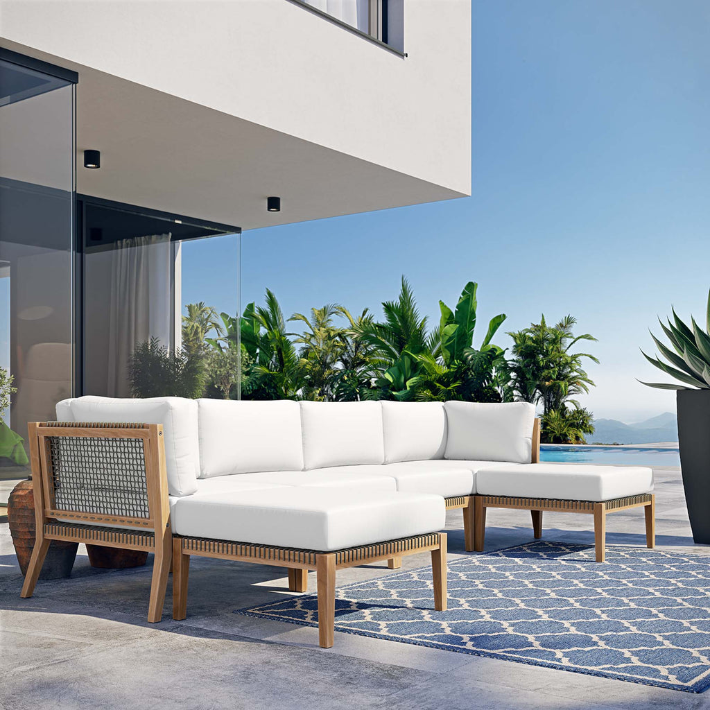 Clearwater 6-Piece Outdoor Patio Teak Wood Sectional Sofa - Gray White (2 Armless Chairs, 2 Corner Chairs, 2 Ottomans)