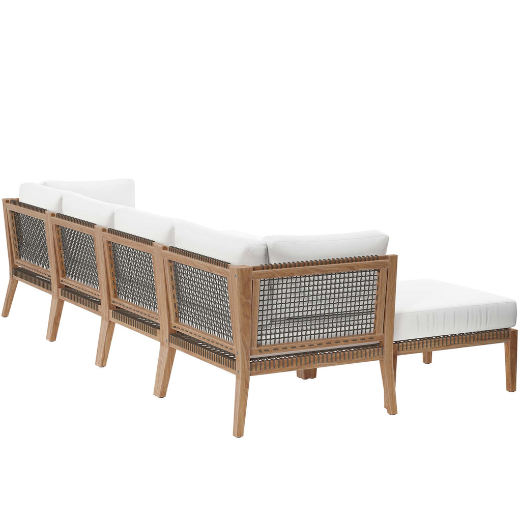 Clearwater 6-Piece Outdoor Patio Teak Wood Sectional Sofa - Gray White (2 Armless Chairs, 2 Corner Chairs, 2 Ottomans)