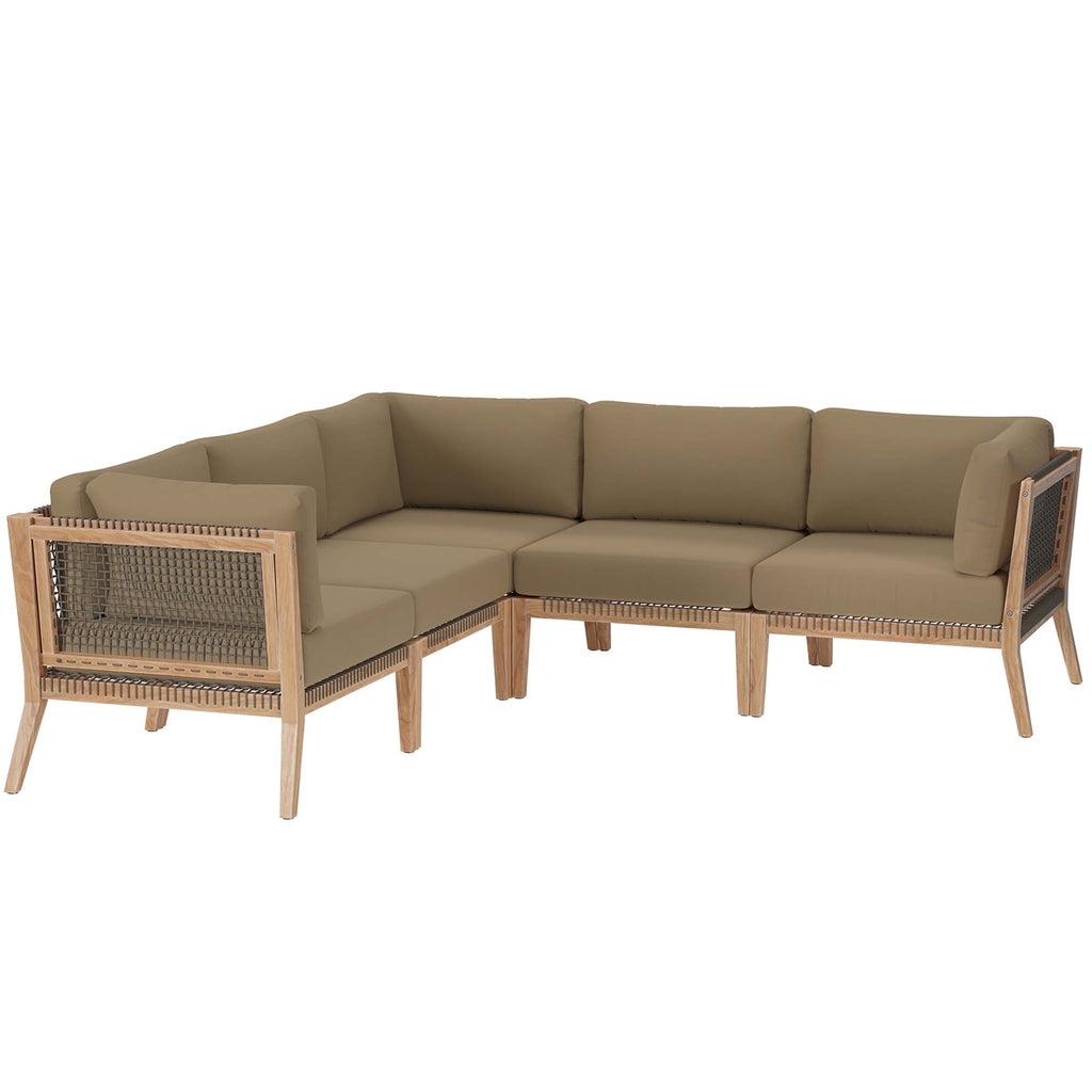 Clearwater 5-Piece Outdoor Patio Teak Wood Sectional Sofa - Gray Light Brown