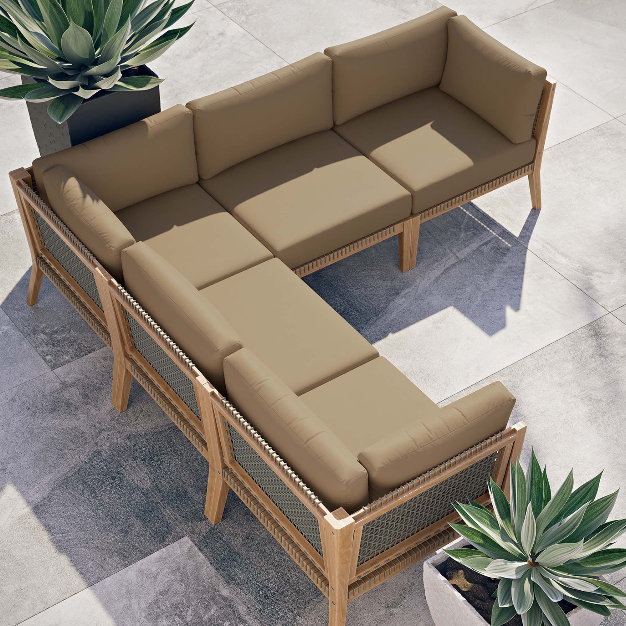 Clearwater 5-Piece Outdoor Patio Teak Wood Sectional Sofa - Gray Light Brown