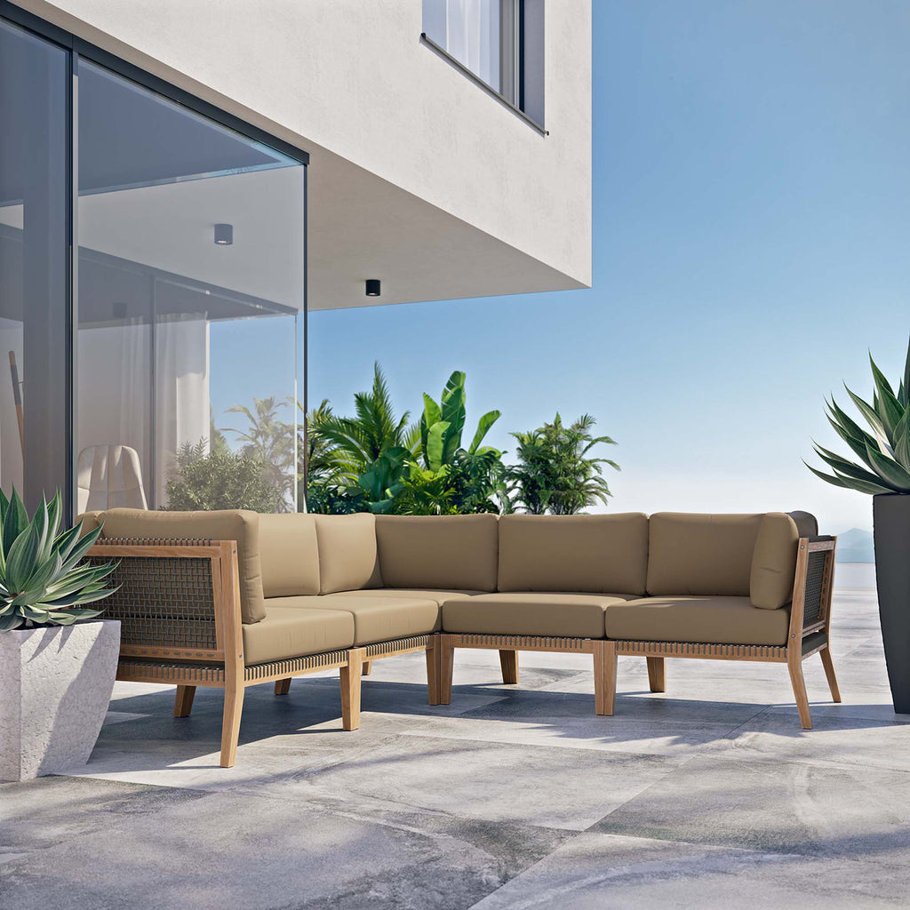 Clearwater 5-Piece Outdoor Patio Teak Wood Sectional Sofa - Gray Light Brown