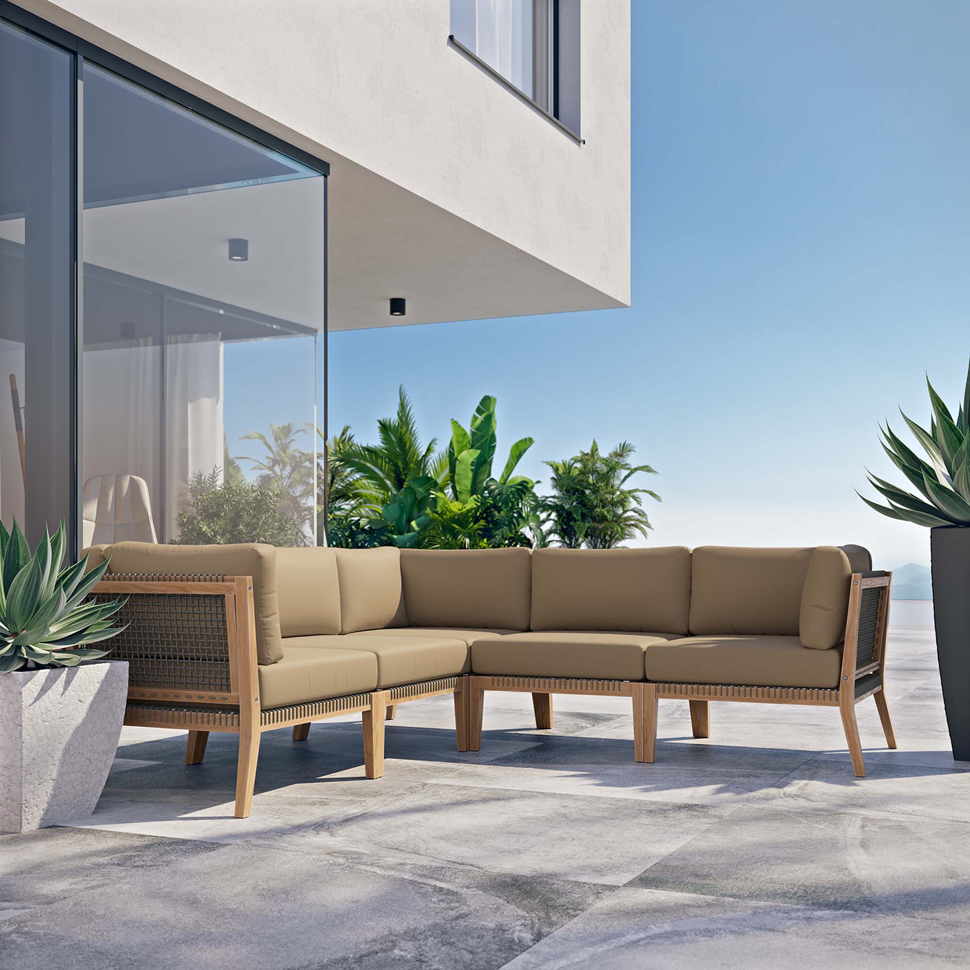 Clearwater 5-Piece Outdoor Patio Teak Wood Sectional Sofa - Gray Light Brown