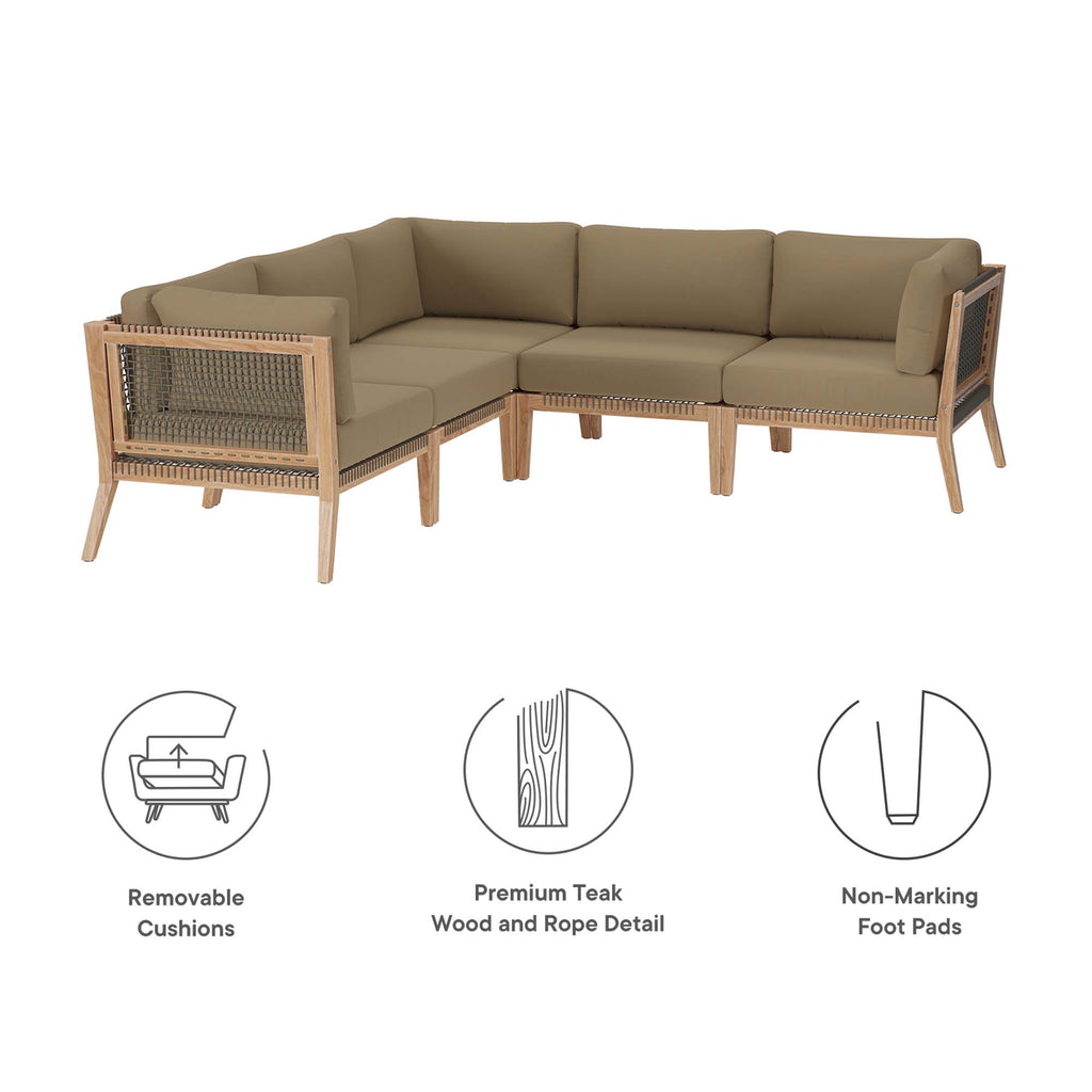 Clearwater 5-Piece Outdoor Patio Teak Wood Sectional Sofa - Gray Light Brown