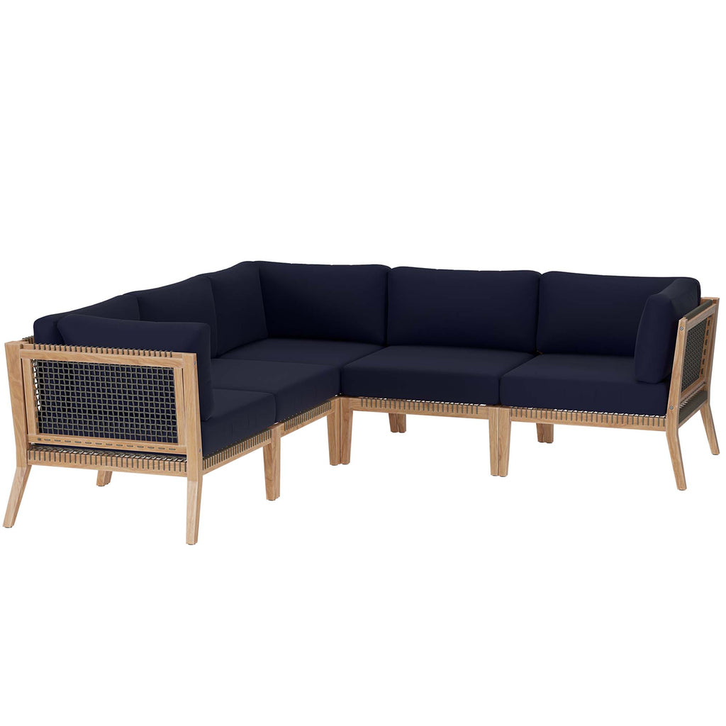 Clearwater 5-Piece Outdoor Patio Teak Wood Sectional Sofa - Gray Navy