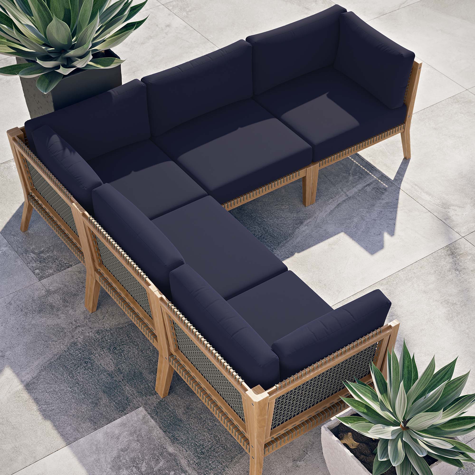 Clearwater 5-Piece Outdoor Patio Teak Wood Sectional Sofa - Gray Navy