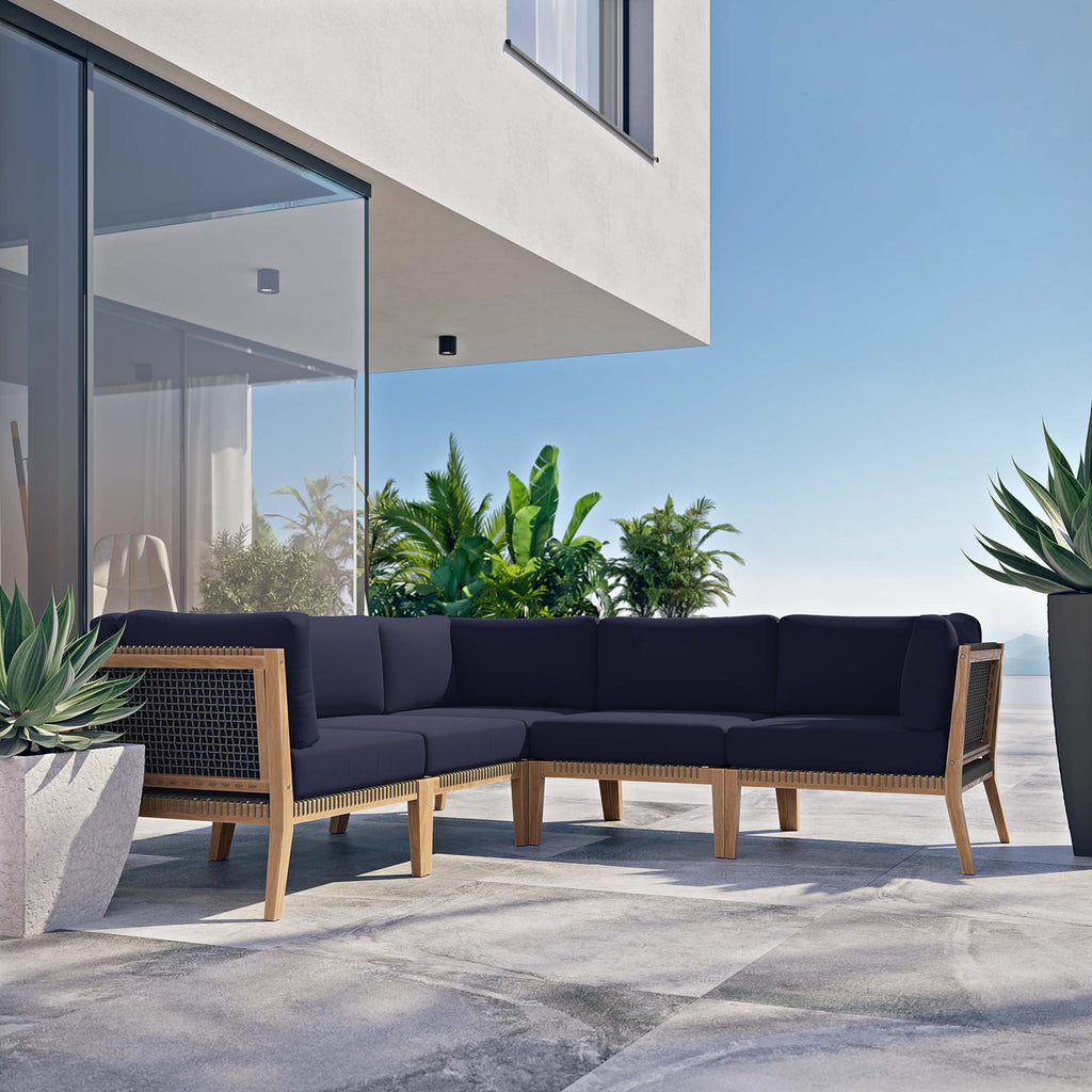 Clearwater 5-Piece Outdoor Patio Teak Wood Sectional Sofa - Gray Navy