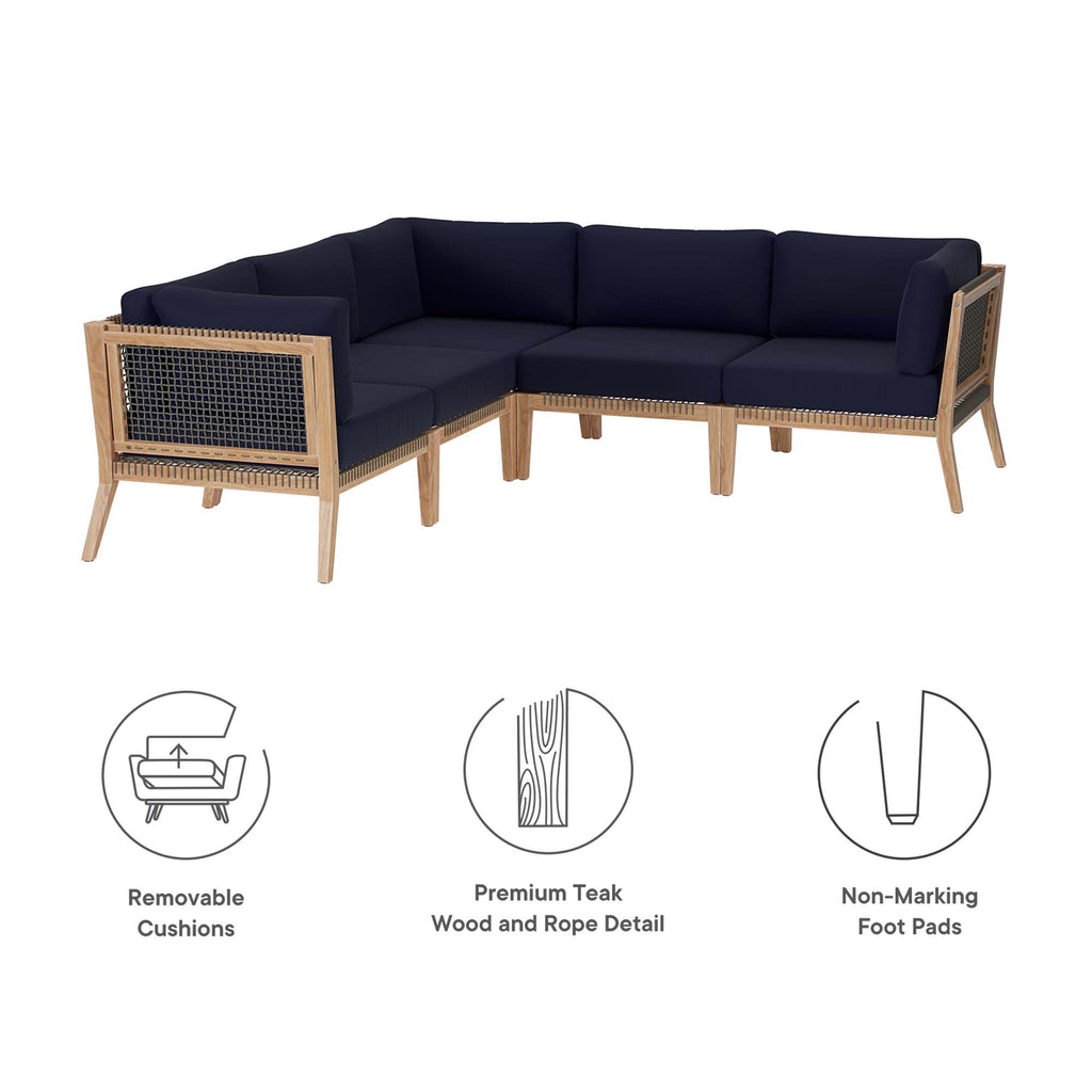 Clearwater 5-Piece Outdoor Patio Teak Wood Sectional Sofa - Gray Navy