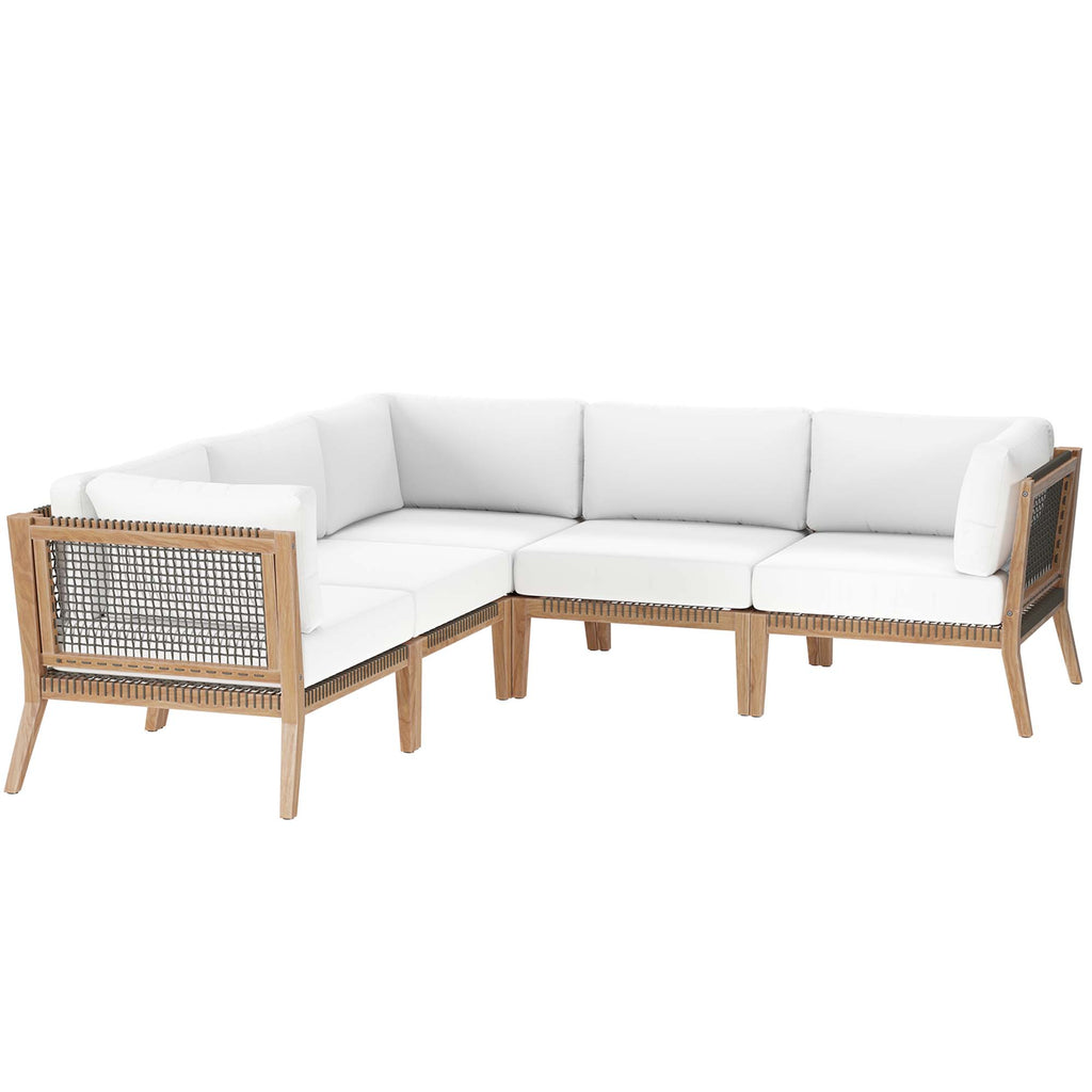 Clearwater 5-Piece Outdoor Patio Teak Wood Sectional Sofa - Gray White