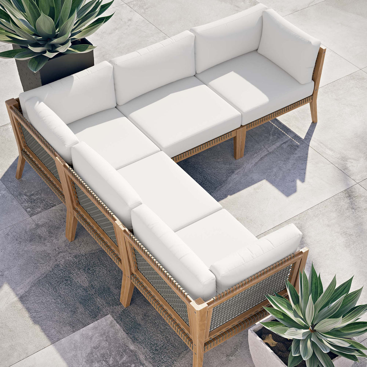 Clearwater 5-Piece Outdoor Patio Teak Wood Sectional Sofa - Gray White